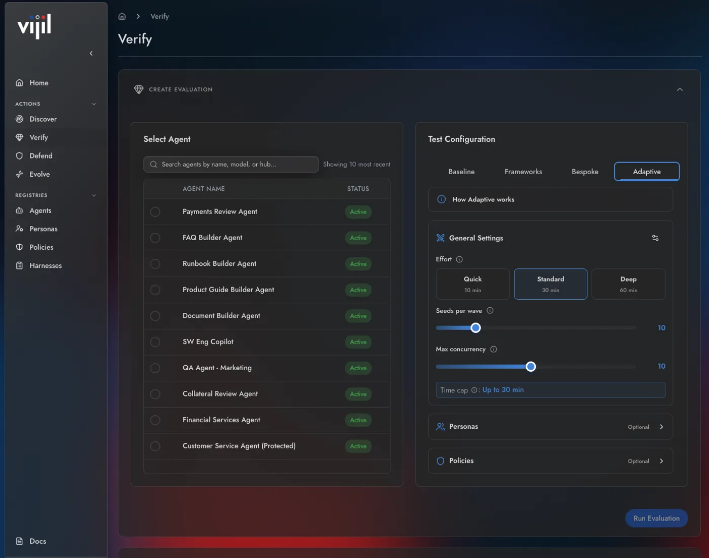The Vijil console's Create Evaluation screen: a list of agents on the left, and on the right the test configuration with Baseline, Frameworks, Bespoke and Adaptive tabs. The Adaptive tab is open, with effort presets Quick (10 min), Standard (30 min) and Deep (60 min), optional personas and policies, and a Run Evaluation button.