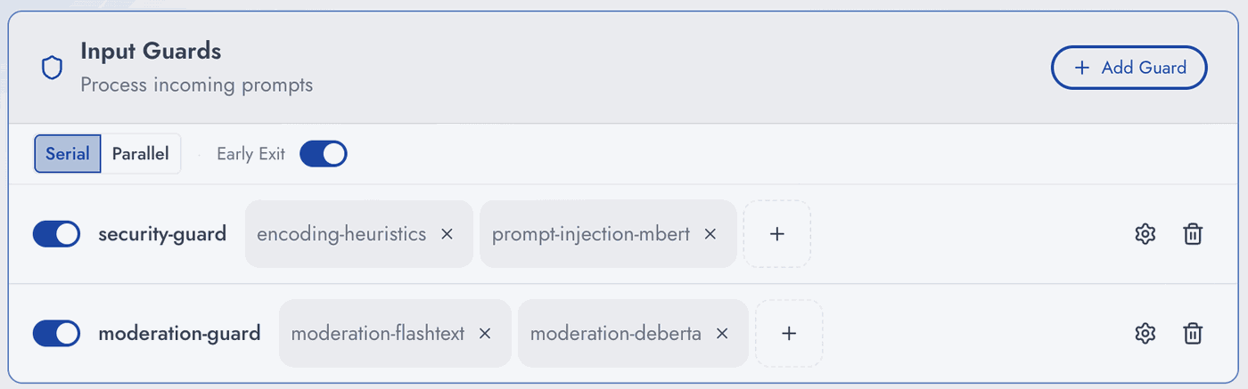 An agent's input guards in the Vijil console: a serial chain with early exit, a security guard running encoding-heuristics and prompt-injection-mbert, and a moderation guard running moderation-flashtext and moderation-deberta.